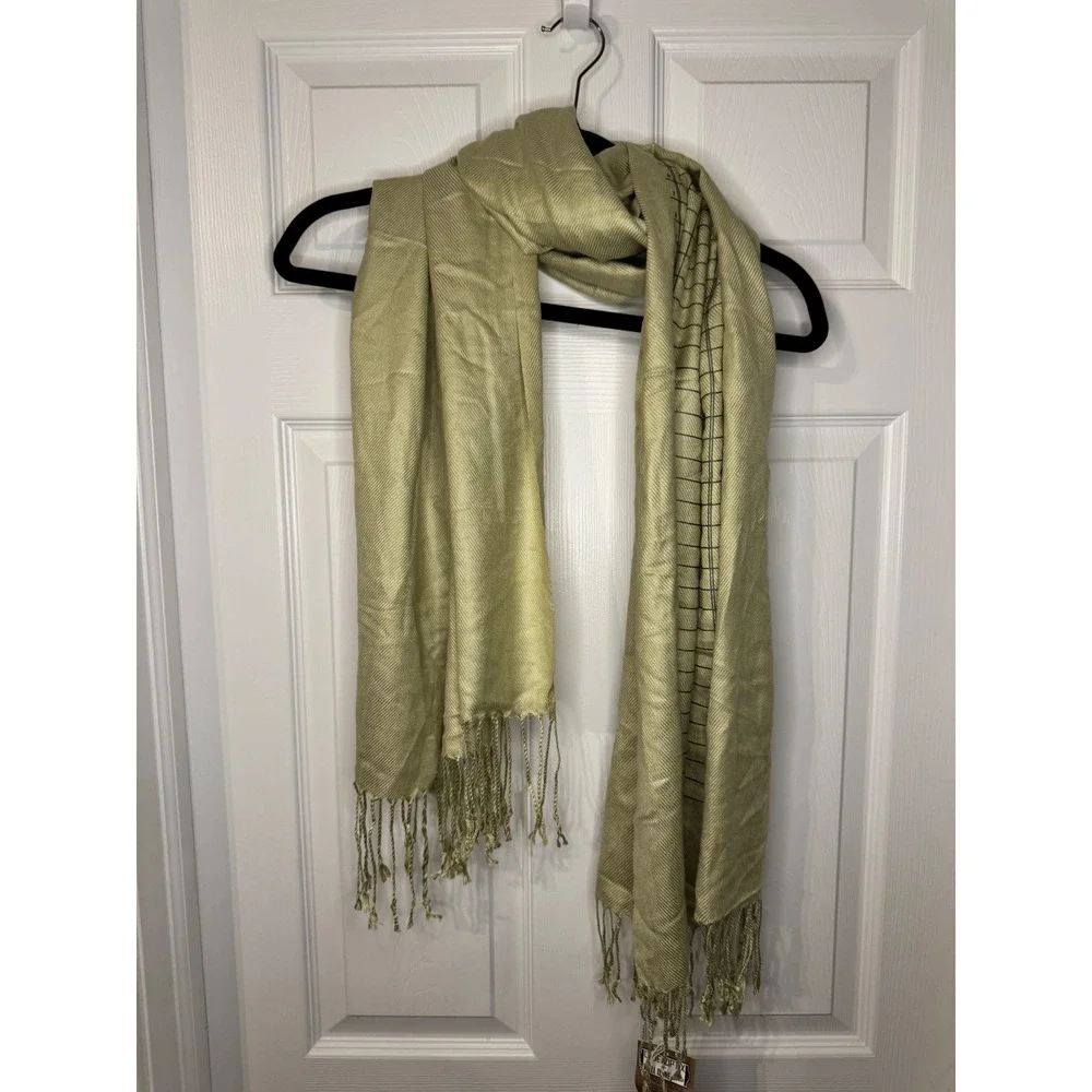 Handmade in Detroit Accounting Ledger Scarf Sage Green Pashmina Fringe Wrap NWT
